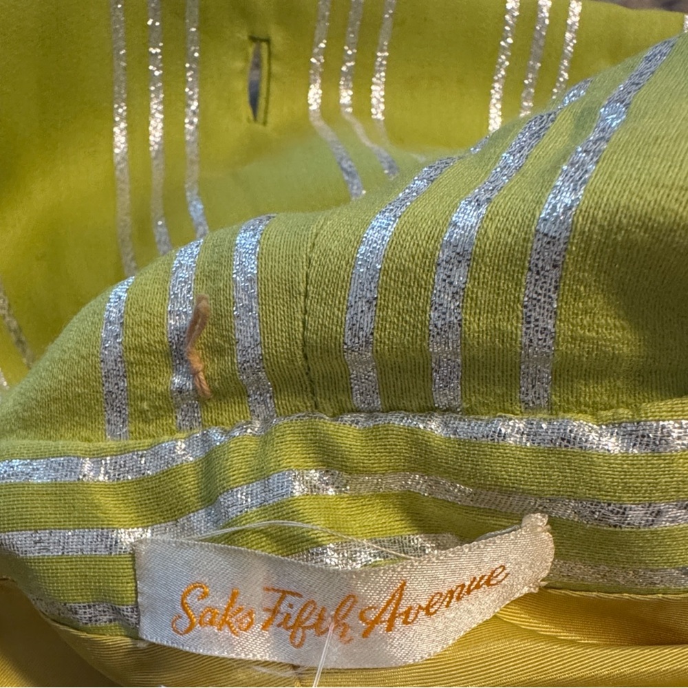 VINTAGE Saks Fifth Avenue Lime Green Striped Silk Coat - Picture 7 of 11